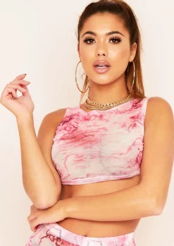 Serenity Pink Mesh Marble Print Racer Crop Top^Missy Empire Cheap