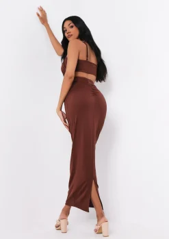 Shahena Chocolate Ruched Strappy Bralet Crop Top^Missy Empire Sale