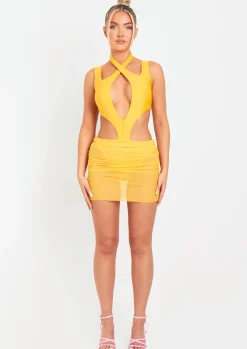 Flash Sale Shalae Orange Extreme Cut Out Mesh Skirt Mini Dress Women Dresses