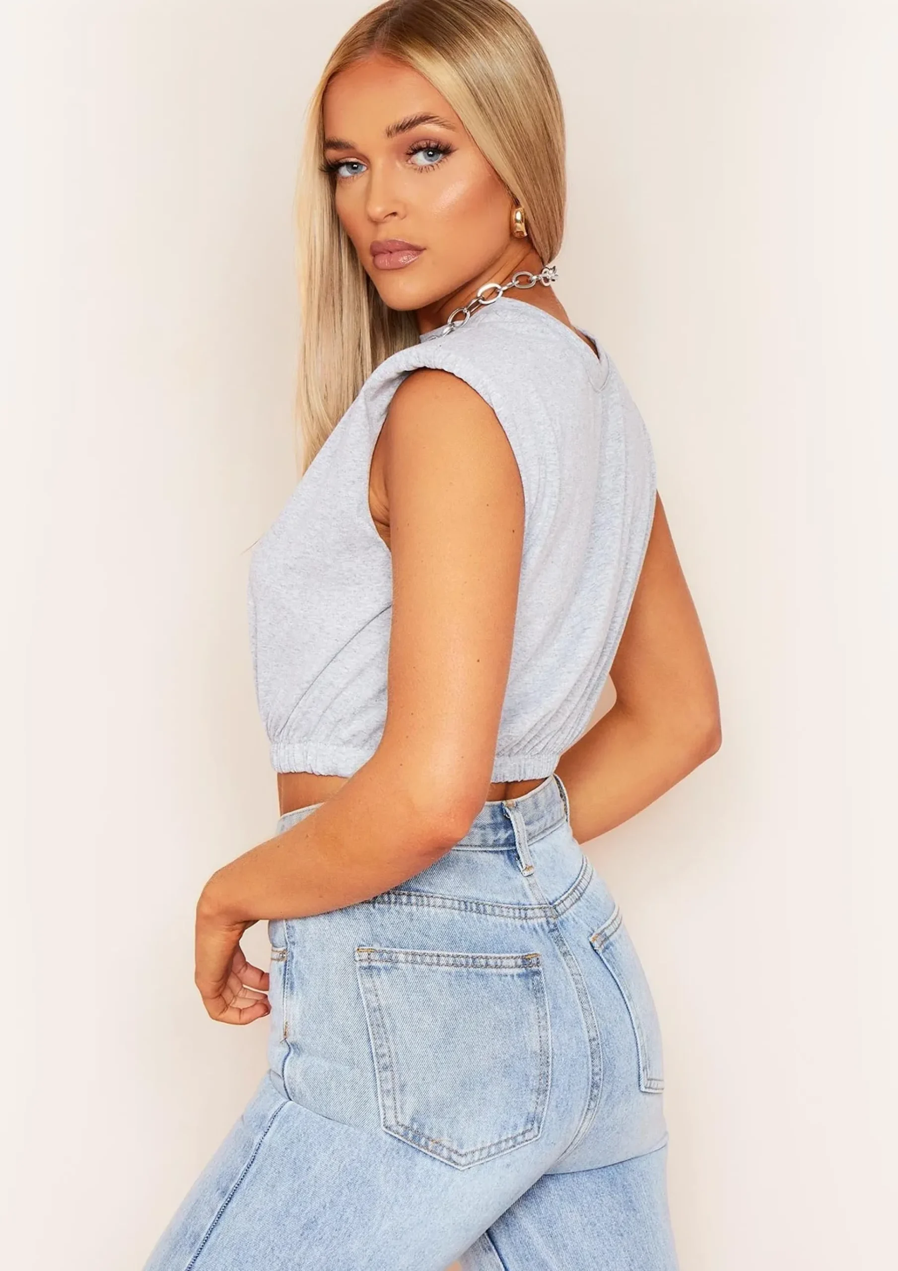Sharla Grey Padded Shoulder Crop Top^Missy Empire Cheap