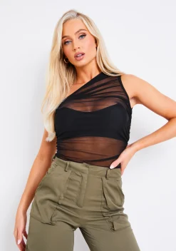 Shayan Black Mesh One Shoulder Bodysuit^Missy Empire Hot