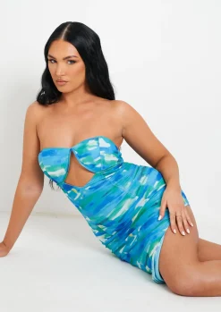 Cheap Shelby Blue Printed Cut Out Slit Mesh Midi Dress Women Dresses