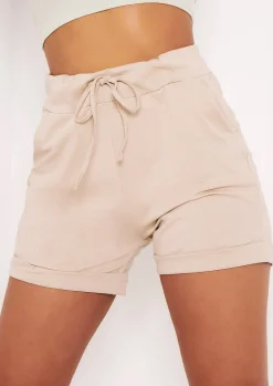 Cheap Shyla Beige Cuffed Jersey Casual Shorts Women Shorts