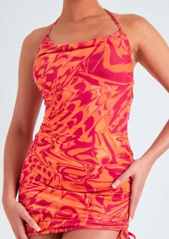 New Sian Orange Printed Halterneck Cowl Neck Mini Dress Women Dresses