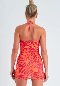 New Sian Orange Printed Halterneck Cowl Neck Mini Dress Women Dresses