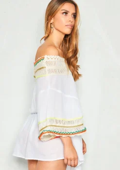 Discount Sienna White Wool Bardot Kaftan Women Dresses