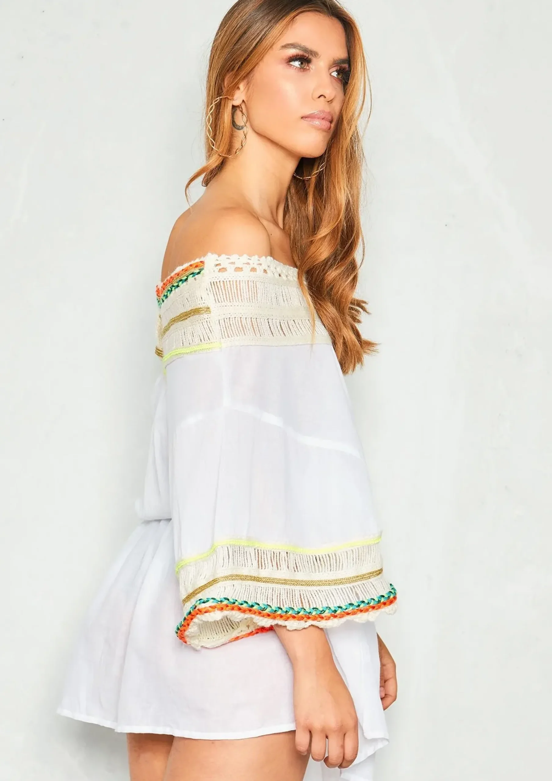 Discount Sienna White Wool Bardot Kaftan Women Dresses