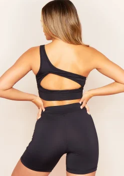 Siera Black Missy Sport One Shoulder Cut Out Gym Top^Missy Empire Clearance