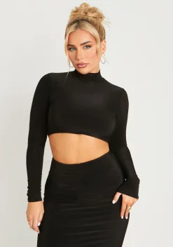 Sierra Black High Neck Long Sleeve Crop Top^Missy Empire Cheap