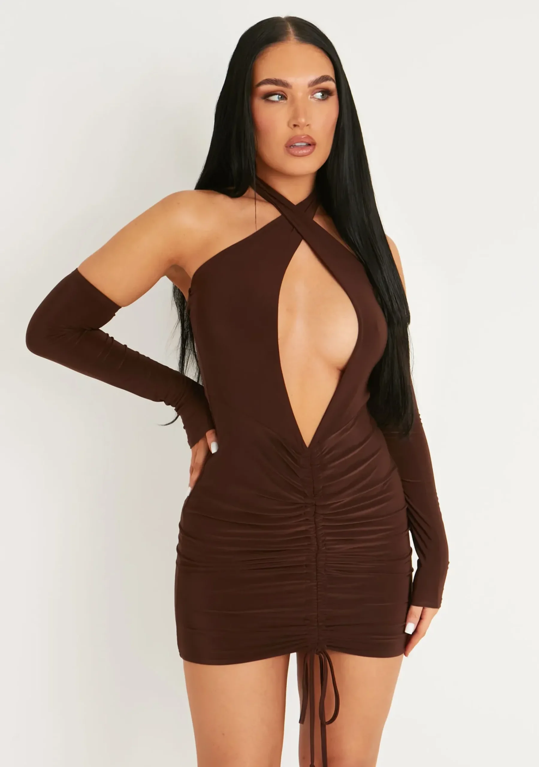 Online Simone Chocolate Cut Out Cold Shoulder Ruched Mini Dress Women Dresses