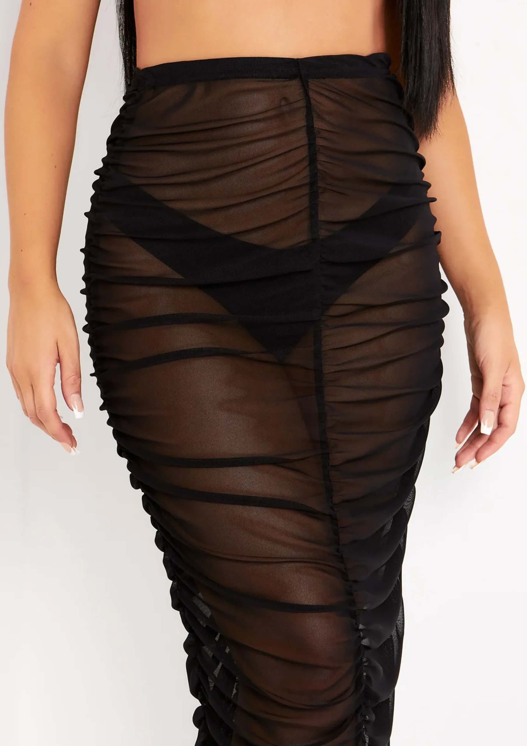 Siobhan Black Mesh Ruched Midi Skirt^Missy Empire Best