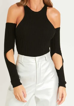 Skye Black Knitted Cold Shoulder Cut Out Bodysuit^Missy Empire Clearance
