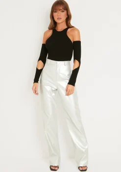 Skye Black Knitted Cold Shoulder Cut Out Bodysuit^Missy Empire Clearance