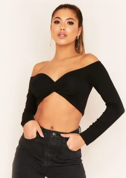 Socorro Black Twist Front Bardot Long Sleeve Crop Top^Missy Empire Cheap