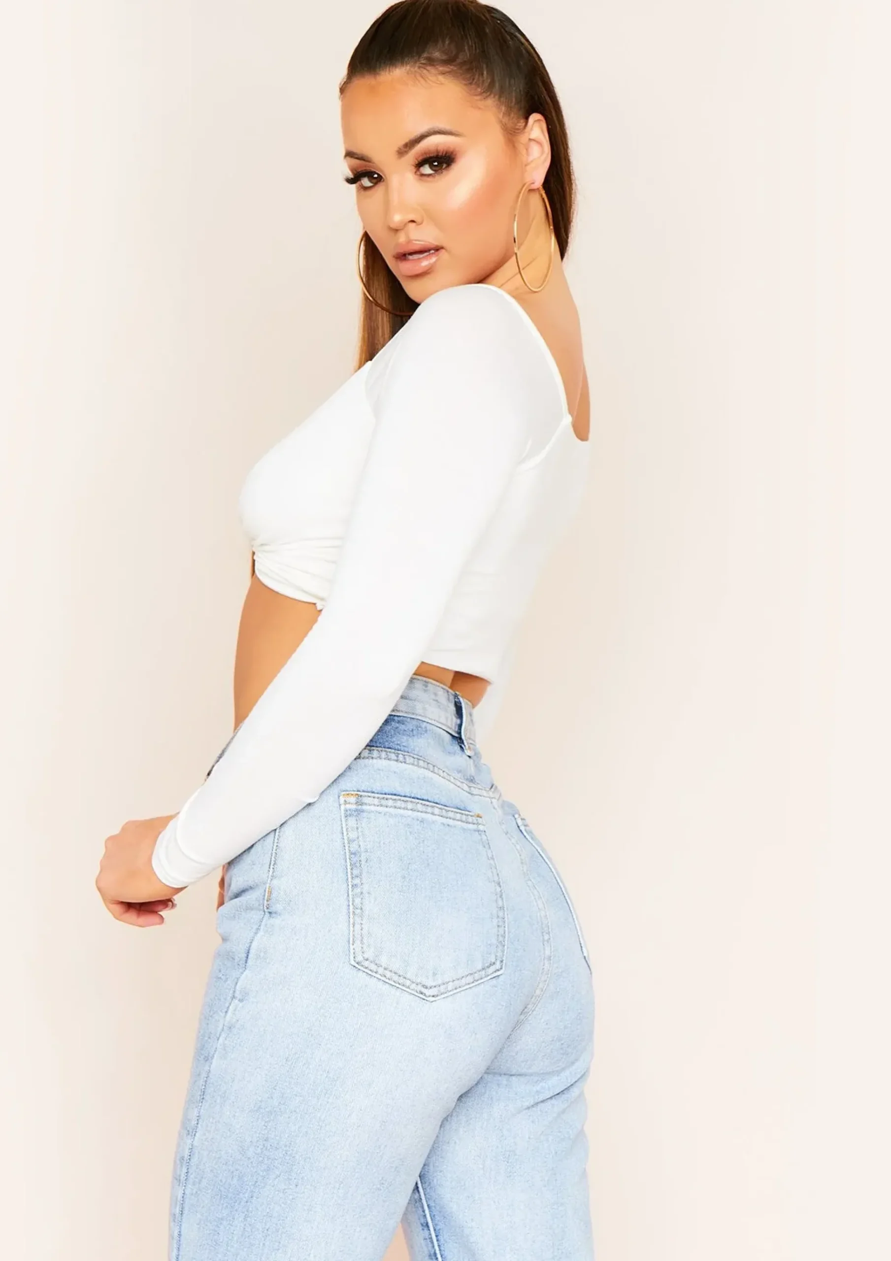 Socorro White Twist Front Bardot Long Sleeve Crop Top^Missy Empire Clearance