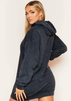 New Sofia Charcoal Acid Wash Oversized Hoodie Dress Women Loungewear