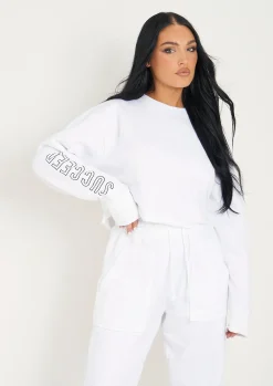New Sofia White Black Succeed Slogan Cropped Sweatshirt Women Tracksuits