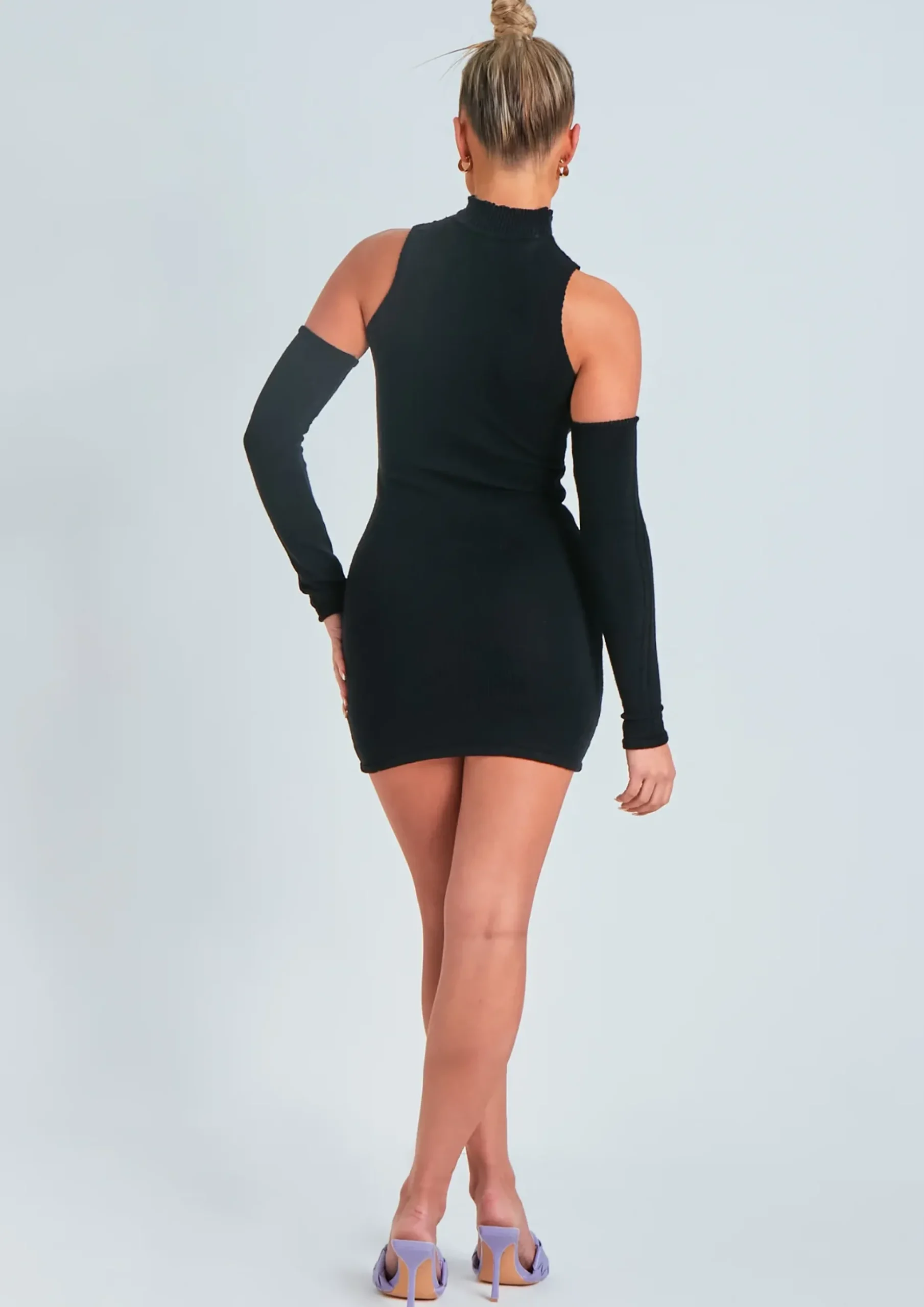 Outlet Stacie Black Laddered Knitted Mini Dress With Sleeves Women Dresses