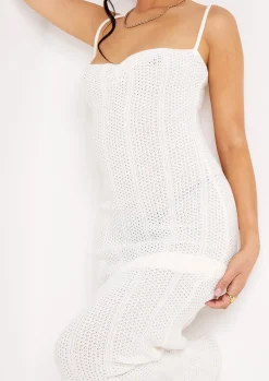 Fashion Stella Ivory Ruched Front Crochet Maxi Dress Women Dresses
