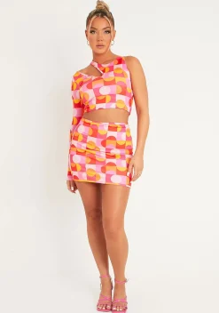 Stephanie Pink Geo Print One Shoulder Crop Top^Missy Empire Clearance