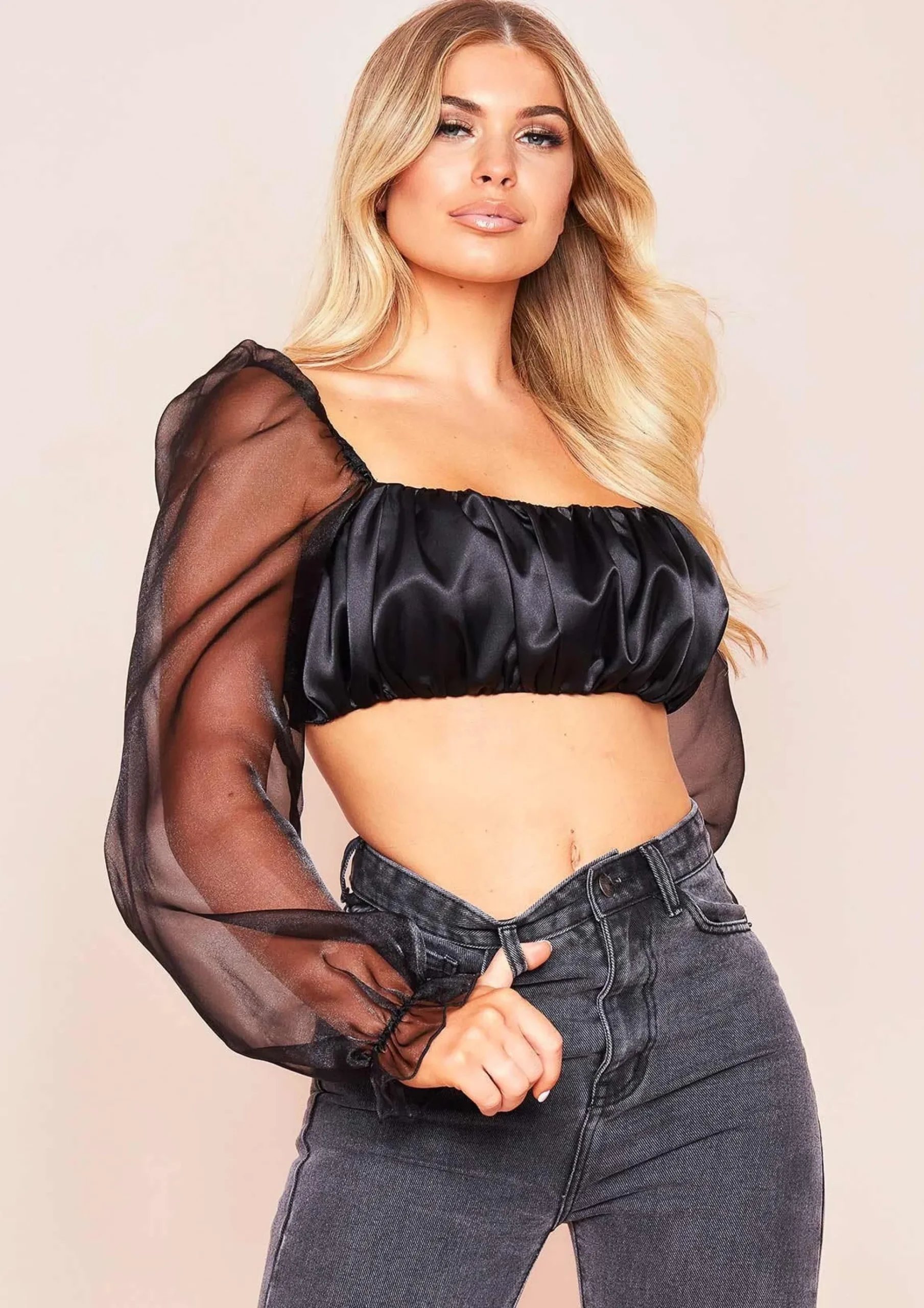 Syrah Black Satin Mesh Puff Sleeve Crop Top^Missy Empire Best