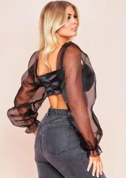 Syrah Black Satin Mesh Puff Sleeve Crop Top^Missy Empire Best