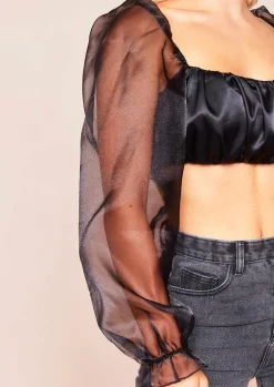 Syrah Black Satin Mesh Puff Sleeve Crop Top^Missy Empire Best