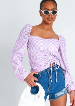 Tallulah Lilac Checkerboard Print Ruched Front Top^Missy Empire Cheap