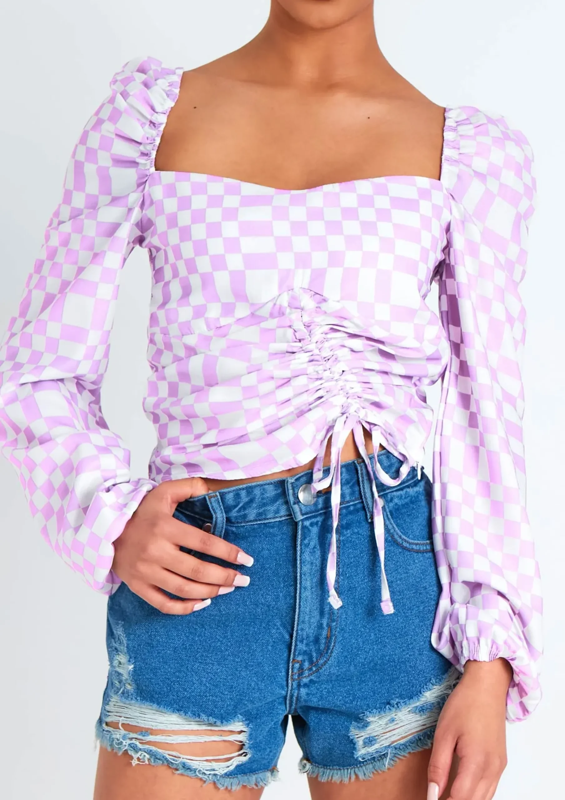Tallulah Lilac Checkerboard Print Ruched Front Top^Missy Empire Cheap