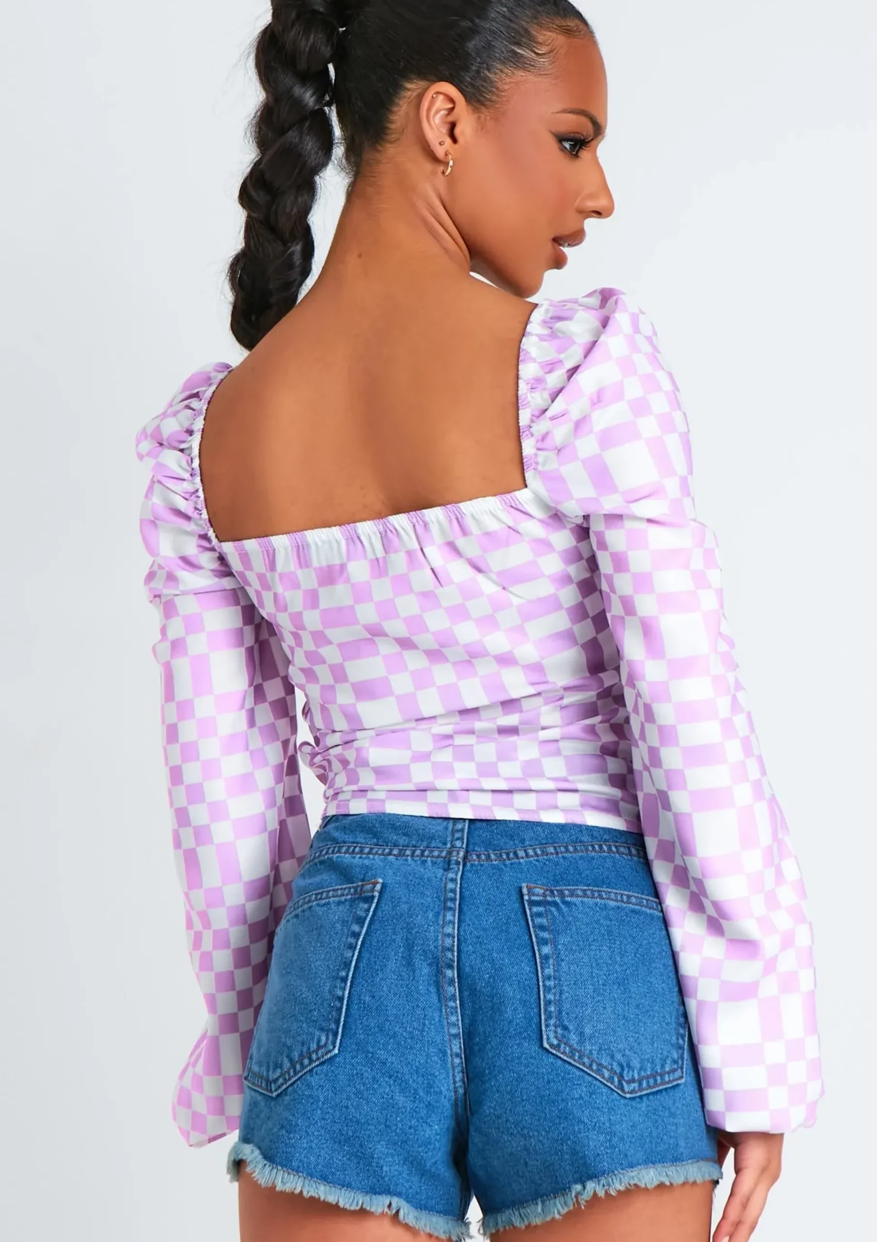Tallulah Lilac Checkerboard Print Ruched Front Top^Missy Empire Cheap