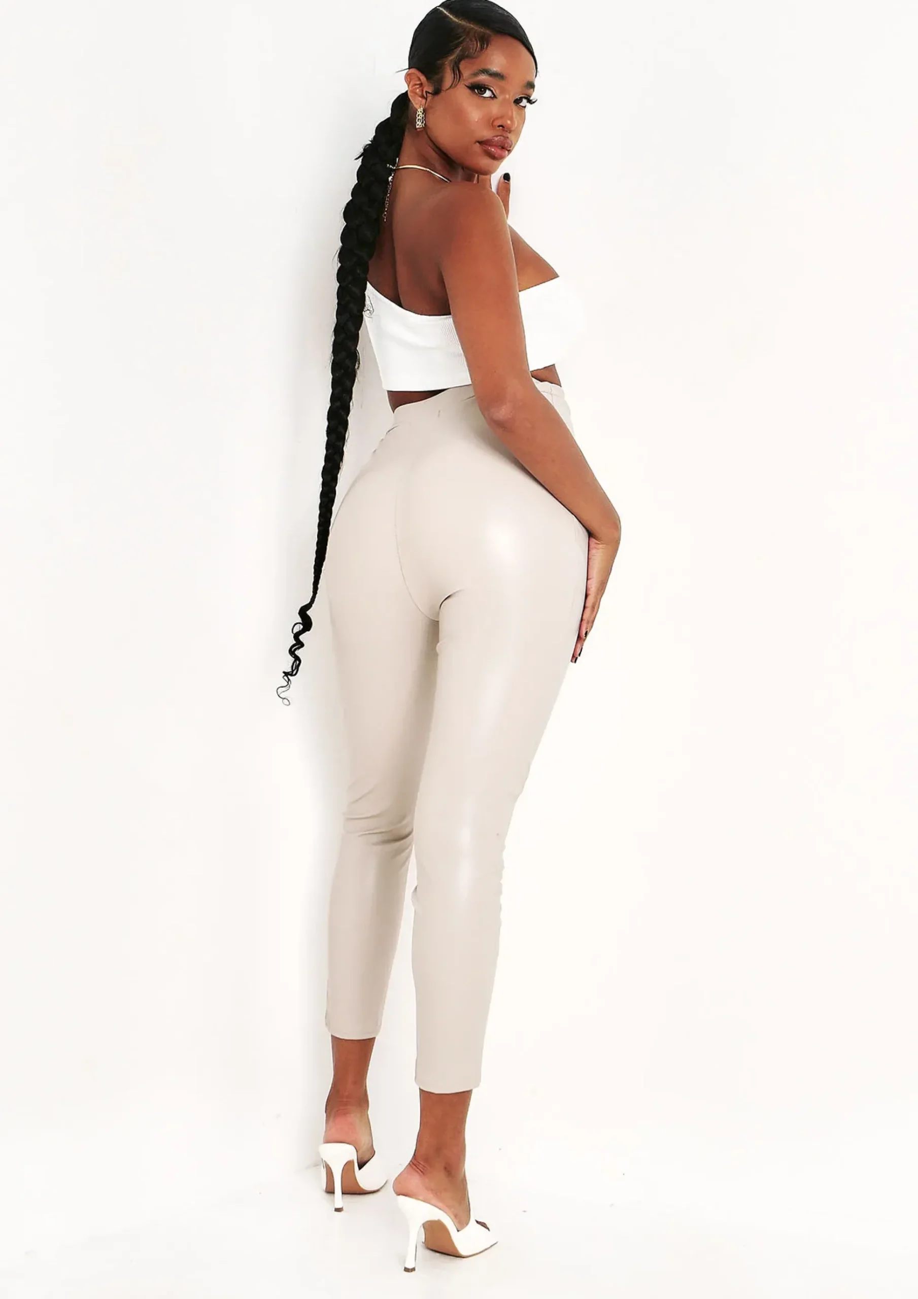 New Talma Beige Vegan Leather Pu Seamed Trousers Women Trousers
