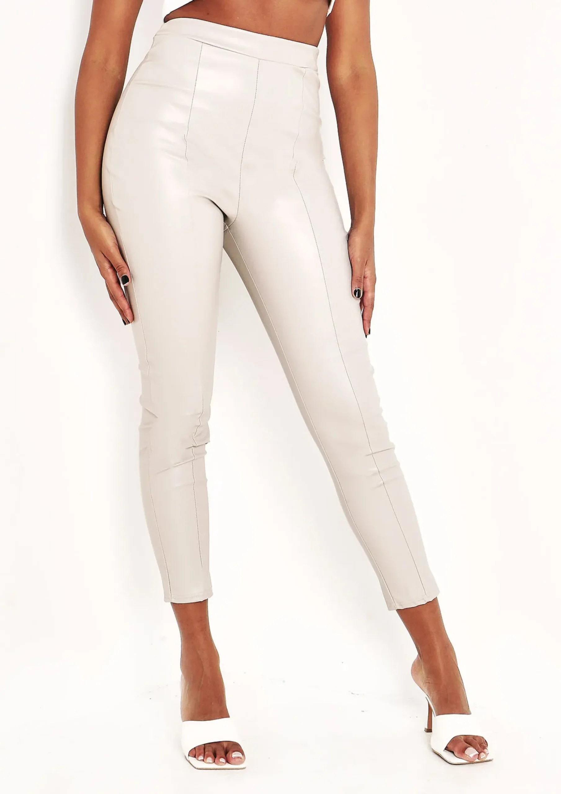New Talma Beige Vegan Leather Pu Seamed Trousers Women Trousers