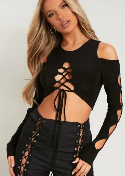 Tamara Black Lace Up Cut Out Crop Top^Missy Empire Outlet