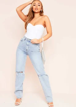 Tamia Denim Mid Wash Extra Long Straight Leg Ripped Jeans^Missy Empire Store
