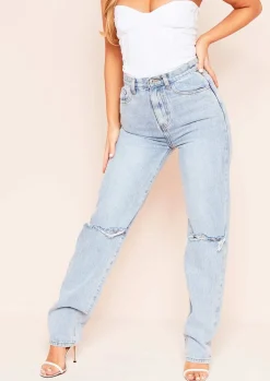Tamia Denim Mid Wash Extra Long Straight Leg Ripped Jeans^Missy Empire Store