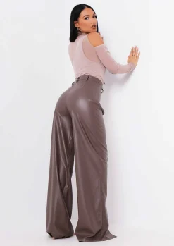 Fashion Tamika Chocolate Keyhole Cut Out High Waisted Pu Trousers Women Trousers