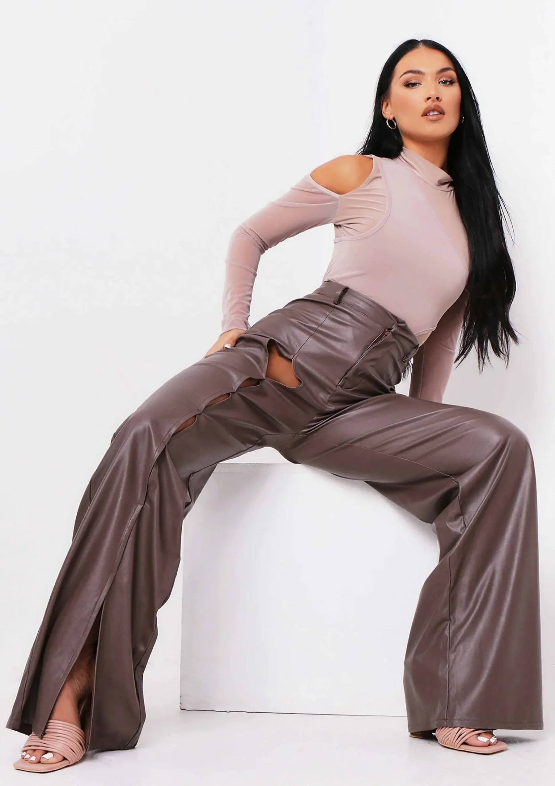 Fashion Tamika Chocolate Keyhole Cut Out High Waisted Pu Trousers Women Trousers