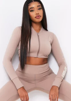 Hot Tana Mocha Missy Sport Zip Through Cropped Gym Jacket Women Activewear