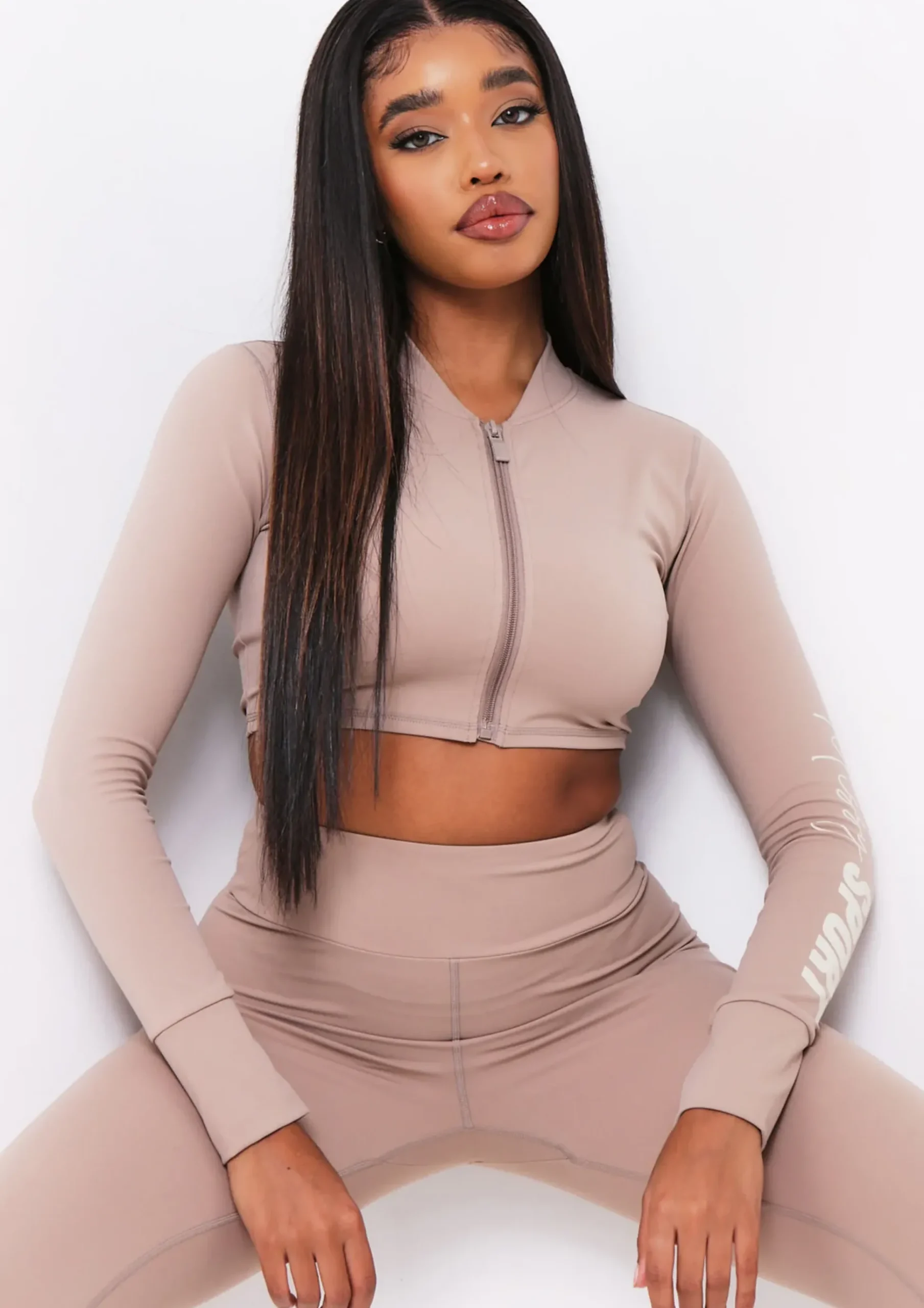 Hot Tana Mocha Missy Sport Zip Through Cropped Gym Jacket Women Activewear