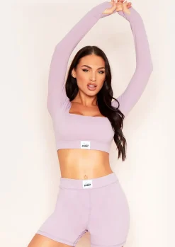 Tarah Mauve Missy Sport Tab Logo Thick Gym Long Sleeve Crop Top^Missy Empire Cheap
