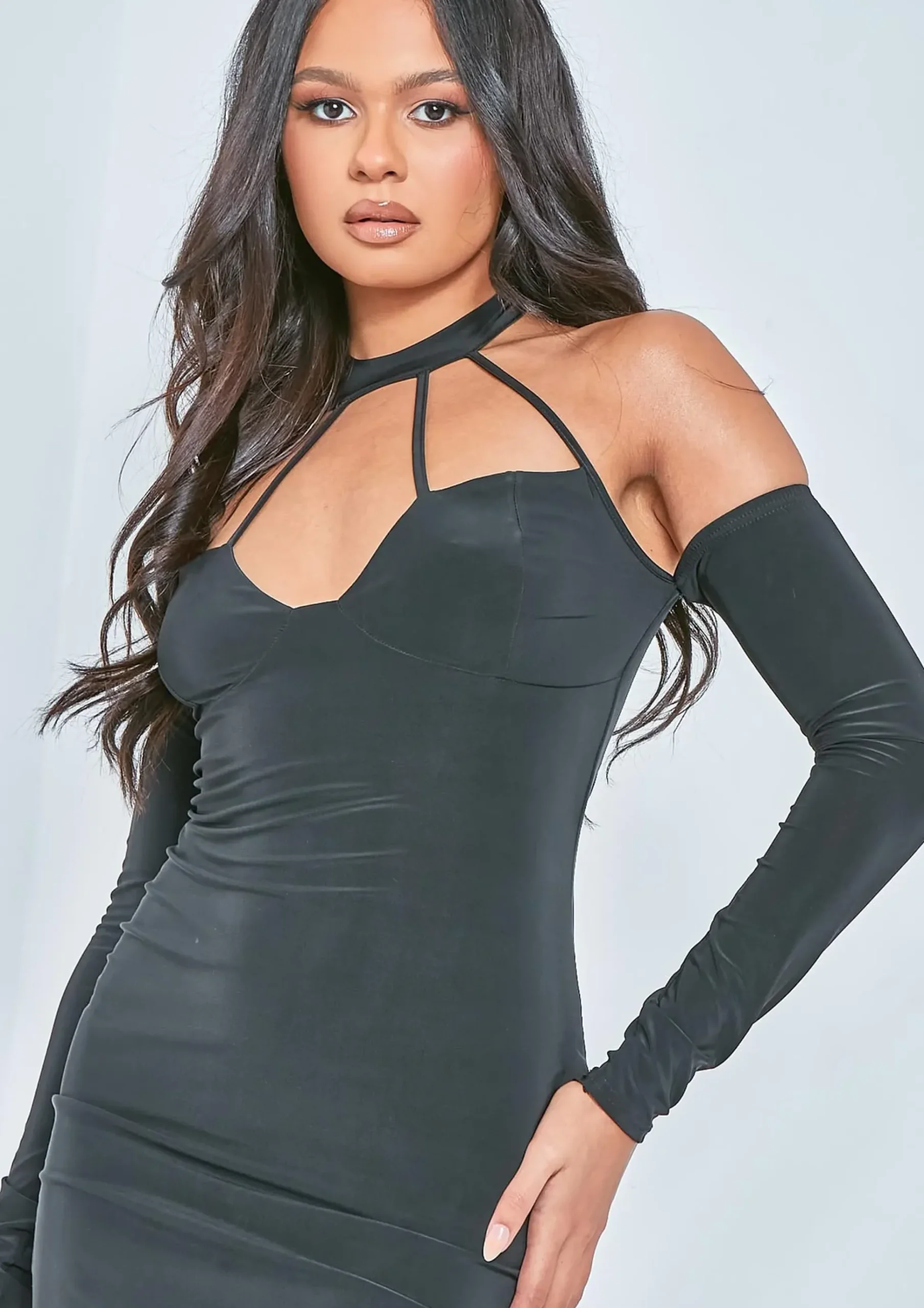 New Taryn Black High Neck Cut Out And Sleeve Detail Mini Dress Women Dresses