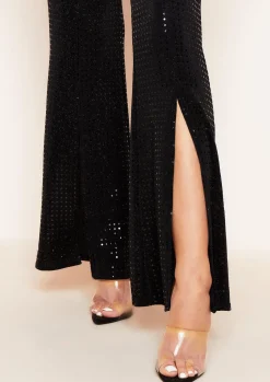 Best Taylor Black Sequin Front Split Flared Trousers Women Trousers