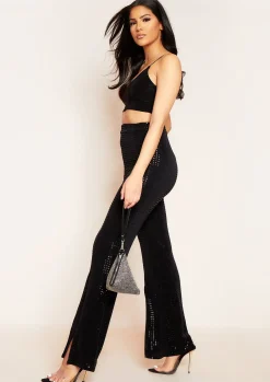 Best Taylor Black Sequin Front Split Flared Trousers Women Trousers