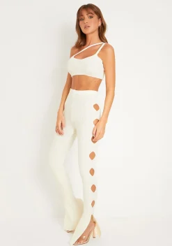 Cheap Tessa Cream Knitted Split Hem Trousers Women Trousers