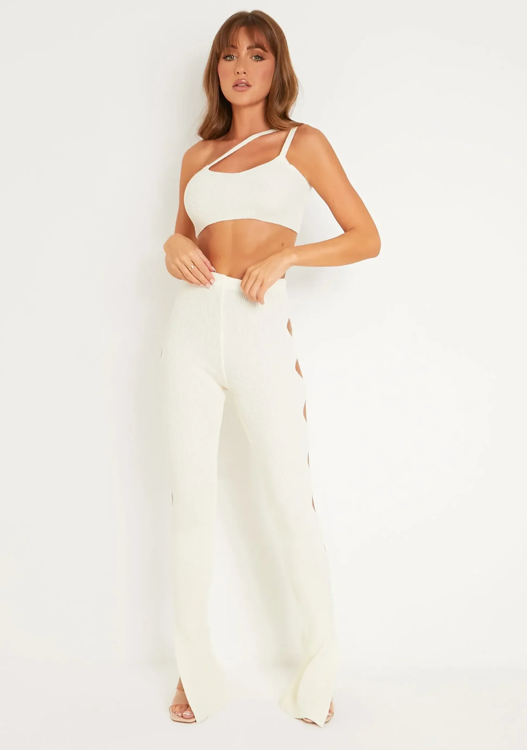 Cheap Tessa Cream Knitted Split Hem Trousers Women Trousers