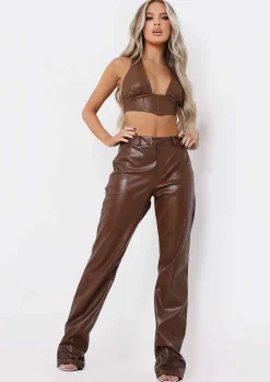 Cheap Teyana Chocolate Pu Bum Split Detail Trousers Women Trousers