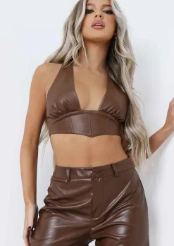 Cheap Teyana Chocolate Pu Bum Split Detail Trousers Women Trousers