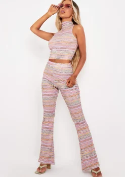 Fashion Tiffany Pink Space Dye High Waisted Flared Trousers Women Trousers