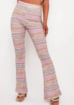 Fashion Tiffany Pink Space Dye High Waisted Flared Trousers Women Trousers