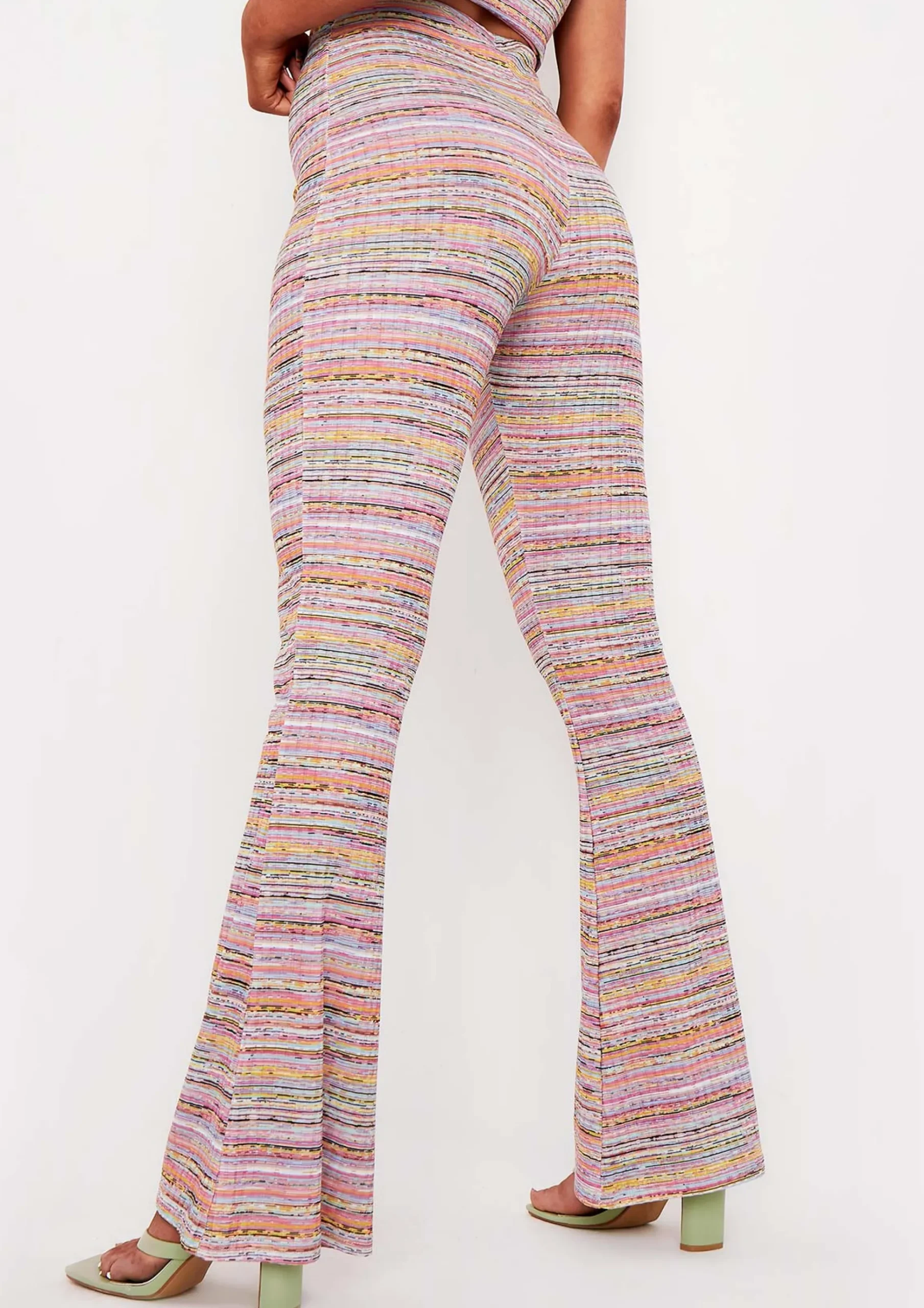 Fashion Tiffany Pink Space Dye High Waisted Flared Trousers Women Trousers